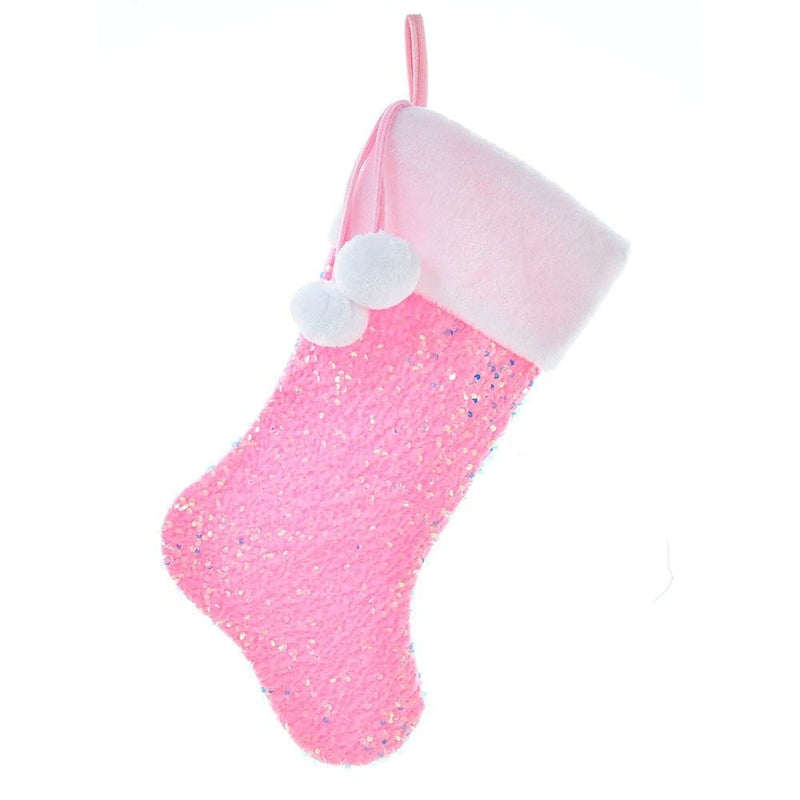 Pink Iridescent Sequin With Faux Fur Cuff and Pom Poms Stocking - Shelburne Country Store