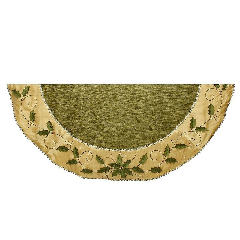 Green and Gold With Holly Leaves Embroidered Tree Skirt - Shelburne Country Store