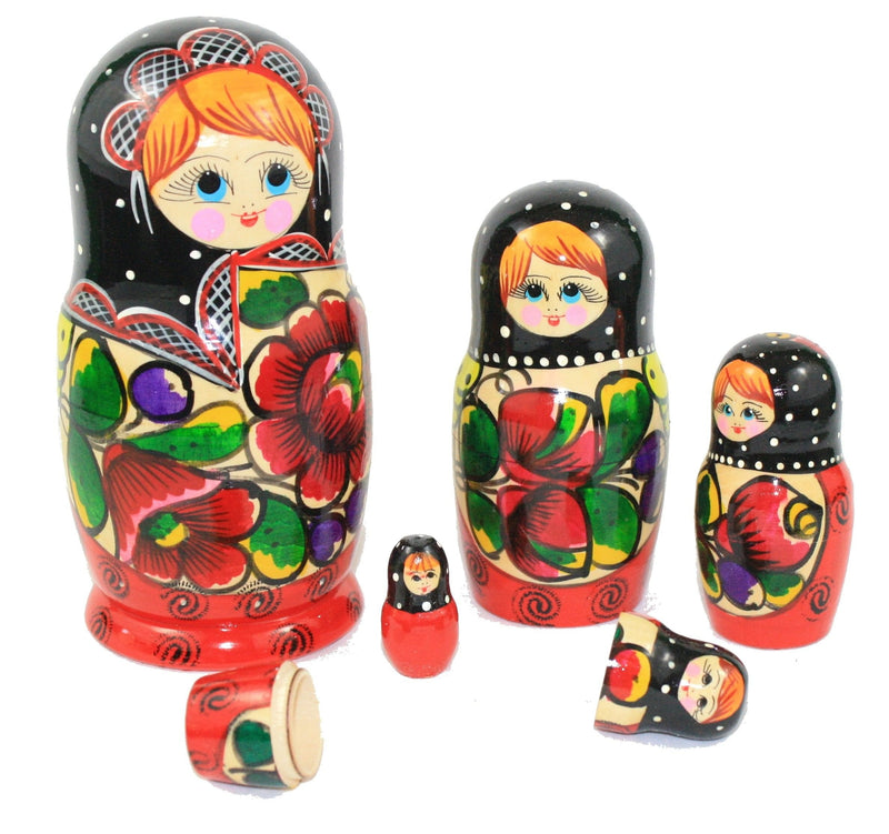 Makapoba 5 Piece Russian Nesting Dolls - Floral Girl Wearing Black - Shelburne Country Store