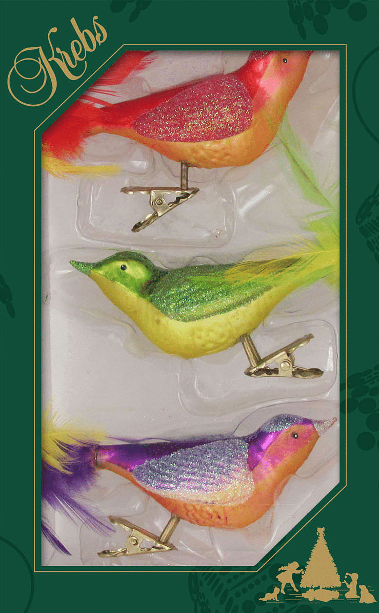 Glass Colorful 6 1/2" Clip-On Bird 3 Pack Red / Yellow / Purple - Shelburne Country Store
