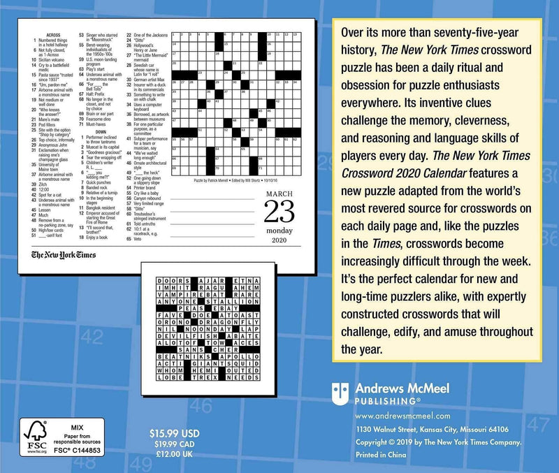 2020 The New York Times Crossword Puzzle Day to Day Calender - Shelburne Country Store