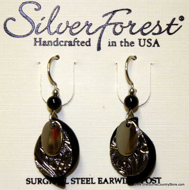 Silvertone With Black Three Layer Dangle Earrings - Shelburne Country Store