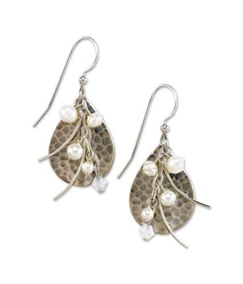 Hammered Silvertone Teardrop With Faux Pearl Dangle Earrings - Shelburne Country Store