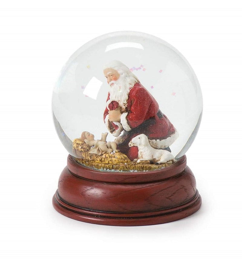 Traditional Santa with Baby Jesus and Lamb Glitterdome, The Kneeling Santa Collection, 100mm - Shelburne Country Store