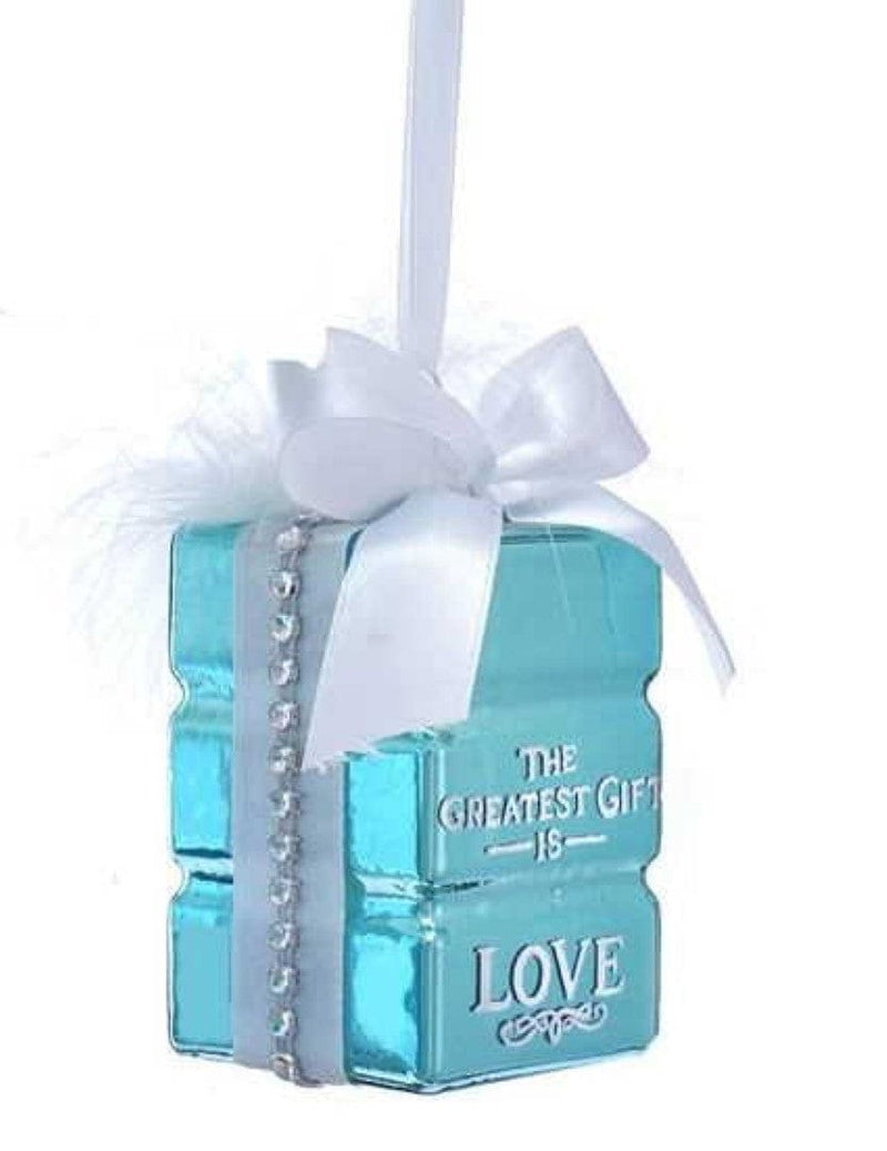 Glass Blue Gift Box With Sentiment Ornament -  Love - Shelburne Country Store