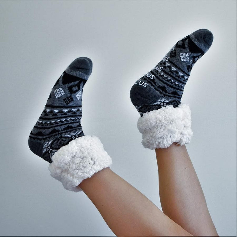 Extra Fuzzy Slipper Socks - Geometric - Black - Shelburne Country Store