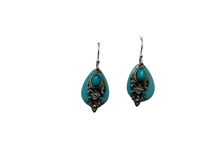 Turquoise-Color Teardrops With Silvertone Filagree Dangle Earrings - Shelburne Country Store