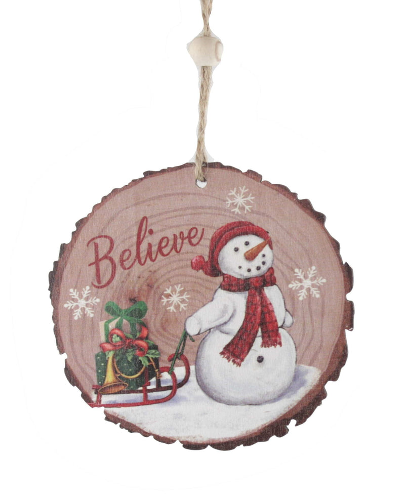Cut Log Wooden Ornament - Snowman Believe - Shelburne Country Store