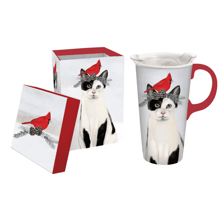 Cat And Cardinal Ceramic Travel Cup -17 oz With Box and Tritan Lid - Shelburne Country Store