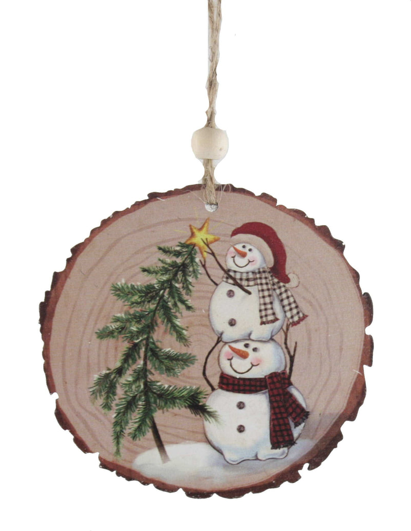 Cut Log Wooden Ornament - Snowmen Putting A Star On The Tree - Shelburne Country Store