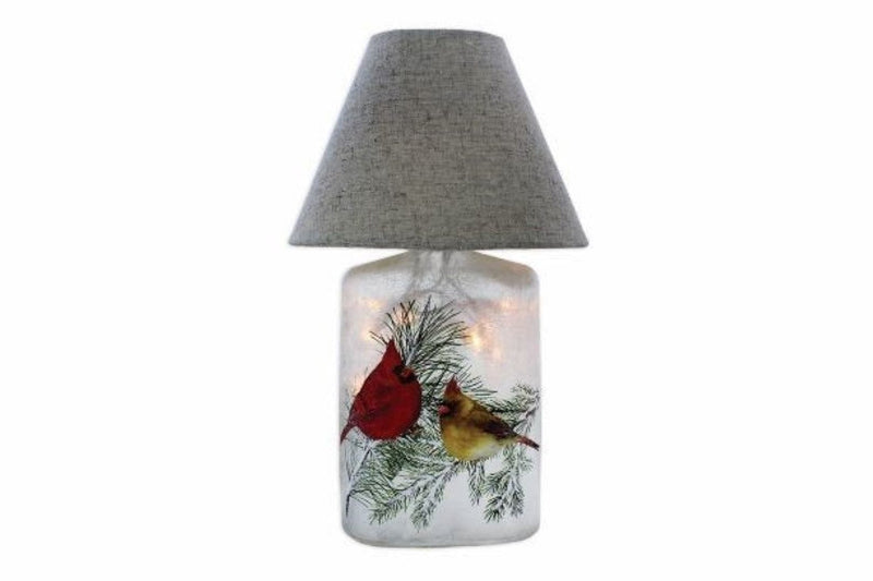 Lighted Glass Lamp with Fabric Shade - Christmas Cardinals - Shelburne Country Store