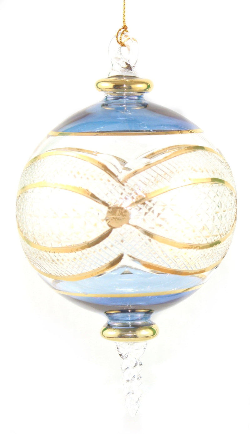 Gold Etched Ball Glass Ornament  Blue - The Country Christmas Loft