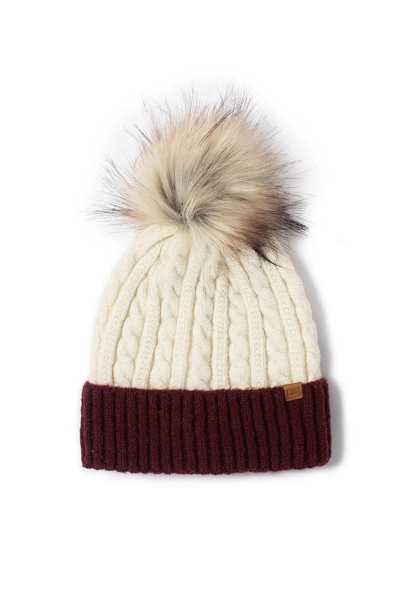 Cable knit contrast cuff beanie with faux fur pom - - Shelburne Country Store
