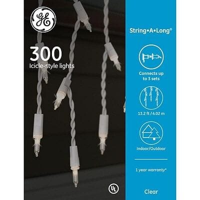 GE 300 Icicle Style Lights - Clear with White Wire - Shelburne Country Store