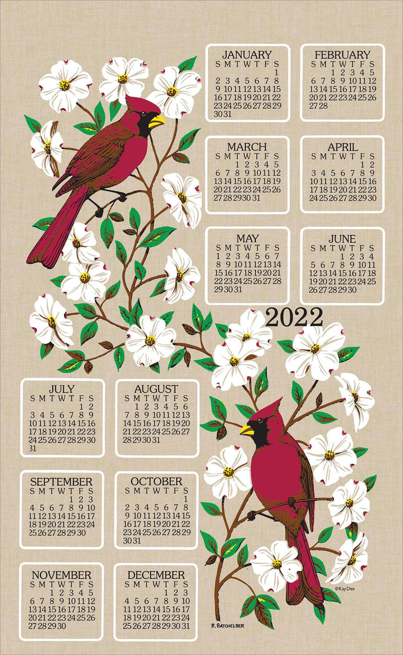 2022 Linen Calendar Towel -  Dogwood and Cardinals - Shelburne Country Store
