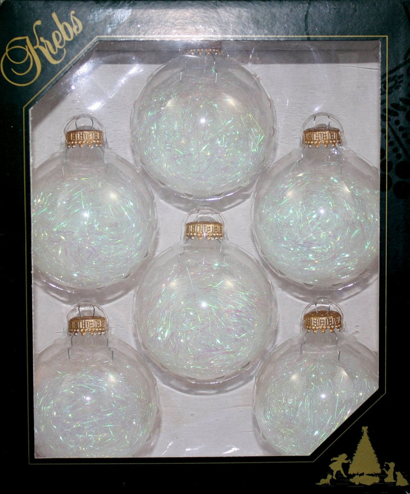 Christmas By Krebbs 2 5/8 Glass Balls - Gold Caps - White Tinsel 8 Pack - Shelburne Country Store