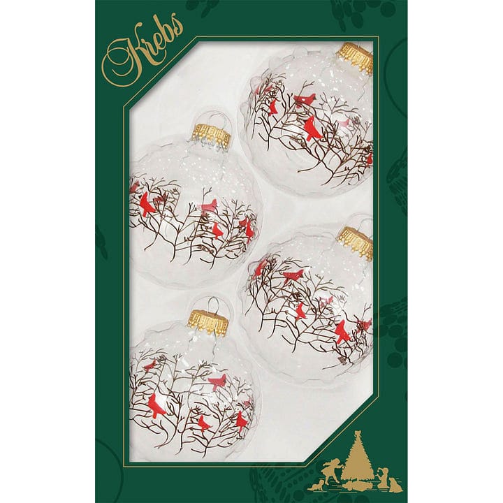 Christmas By Krebs 2 5/8 Glass Balls - Gold Caps - Branches and Cardinals - 4 Pack - Shelburne Country Store
