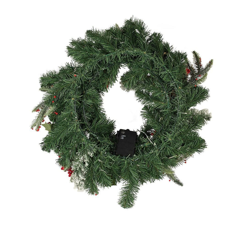 24" Battery-Operated Holly with Berries and Pinecones Pre-Lit LED Wreath - Shelburne Country Store