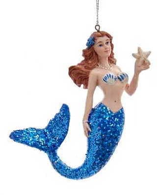 Mermaid With Glittered Tail Ornament -  Blue - Shelburne Country Store