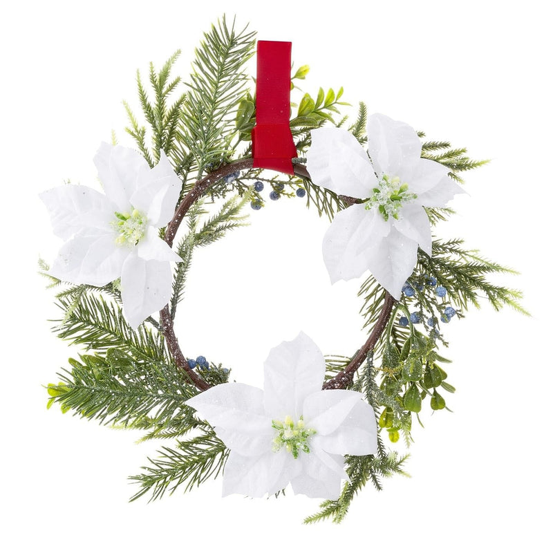 Poinsettia Wreath: Juniper/Boxwood, 14 inches - Shelburne Country Store
