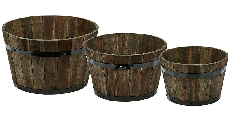 Wood Barrel Planter with Brown Oil - - Shelburne Country Store
