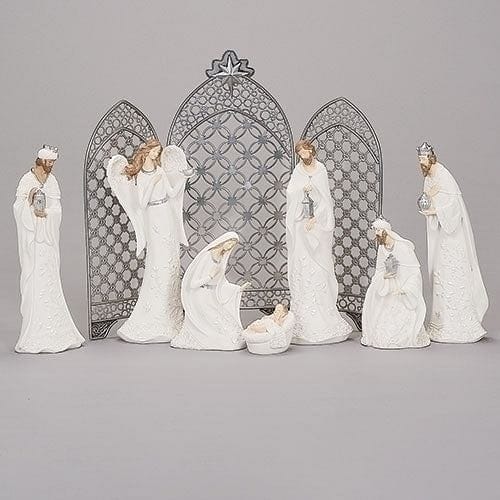 7 Piece White Nativity with Pearl Leaf Pattern - Shelburne Country Store