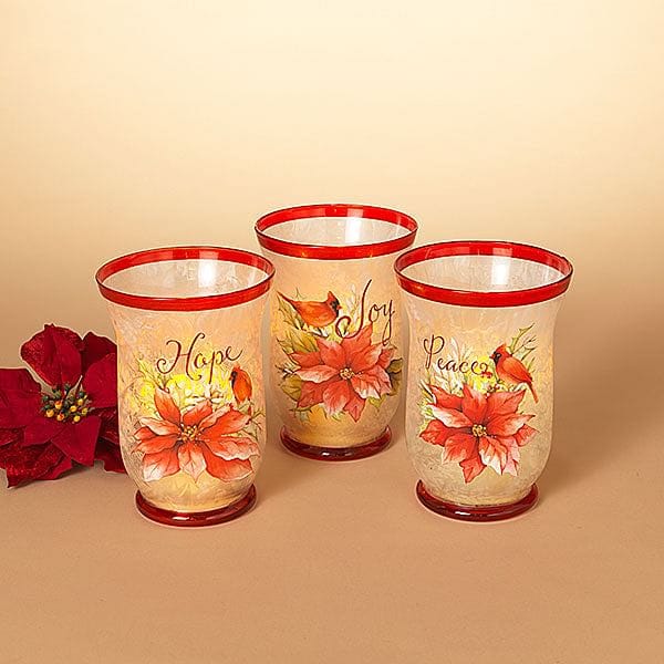 8 Inch Frosted Glass Poinsettia & Cardinal Candle Holder - - Shelburne Country Store