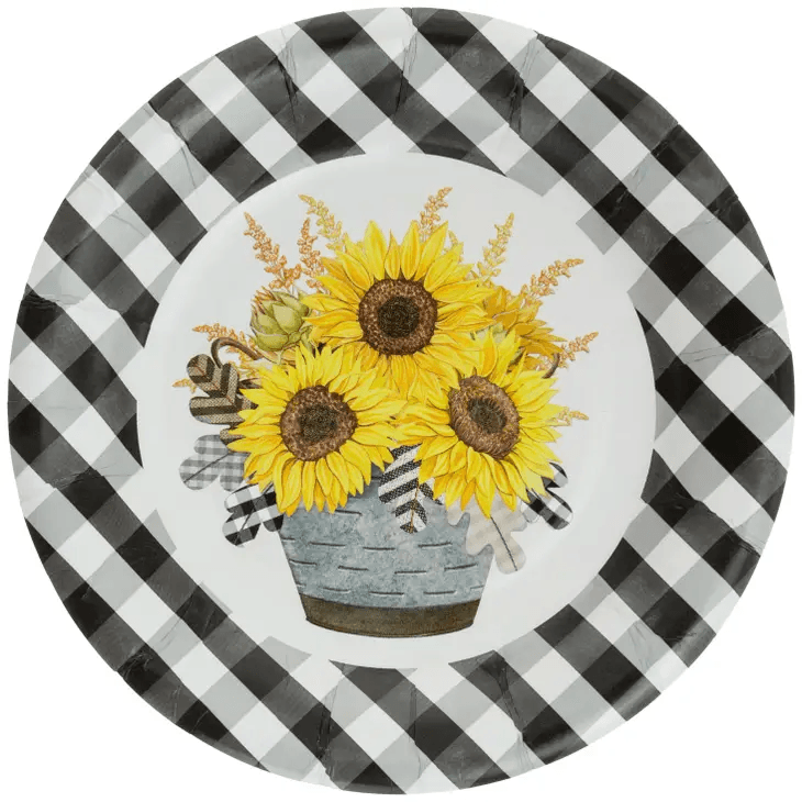 8" Round Paper Plate Pack of 8 Gingham Sunflowers - Shelburne Country Store