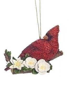 Cardinal Laying on Poinsettia Branch Ornament - Shelburne Country Store