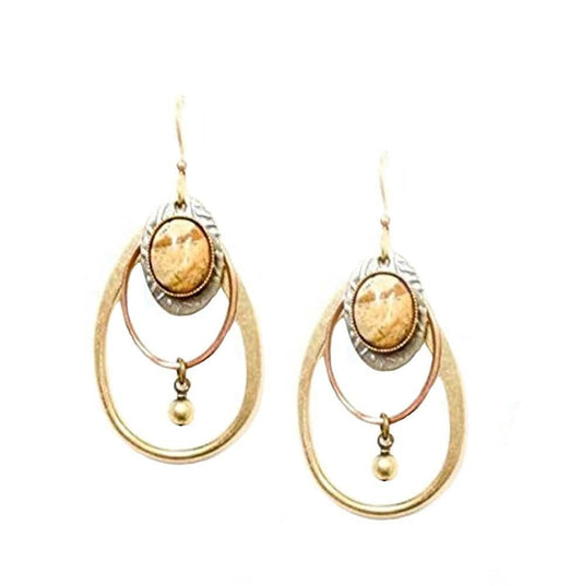 Mixed Metal Open Teardrop with Brown Stone Dangle Earrings - Shelburne Country Store