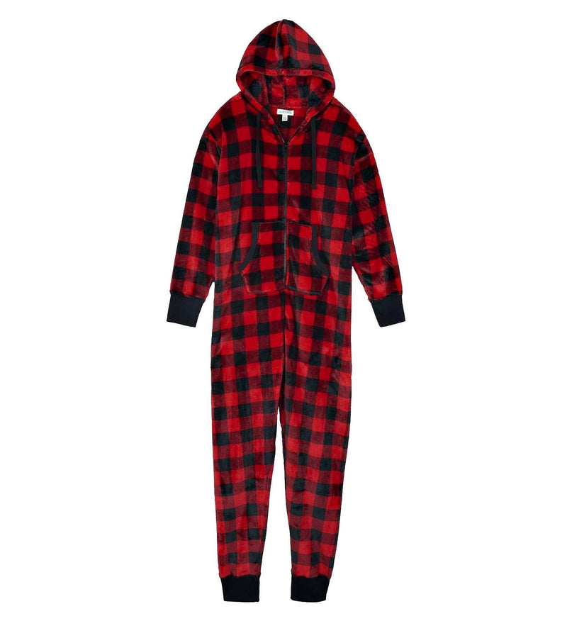 Adult Hooded Fleece Union Suit Buffalo Plaid - - Shelburne Country Store