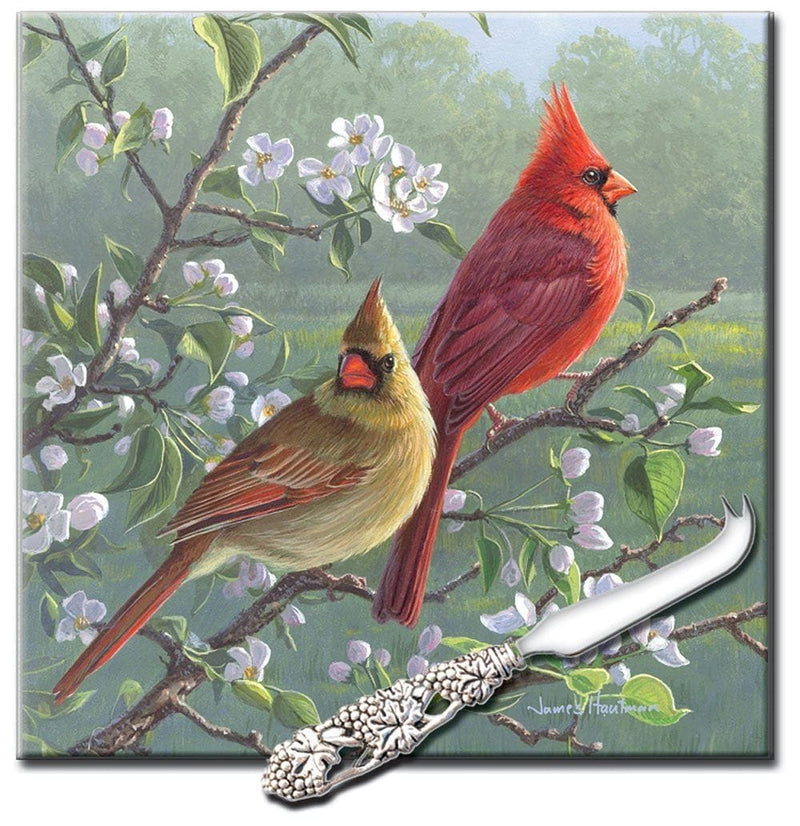 Beautiful Songbirds 8-Inch Square Glass Cheese Board with Cheese Knife - Shelburne Country Store