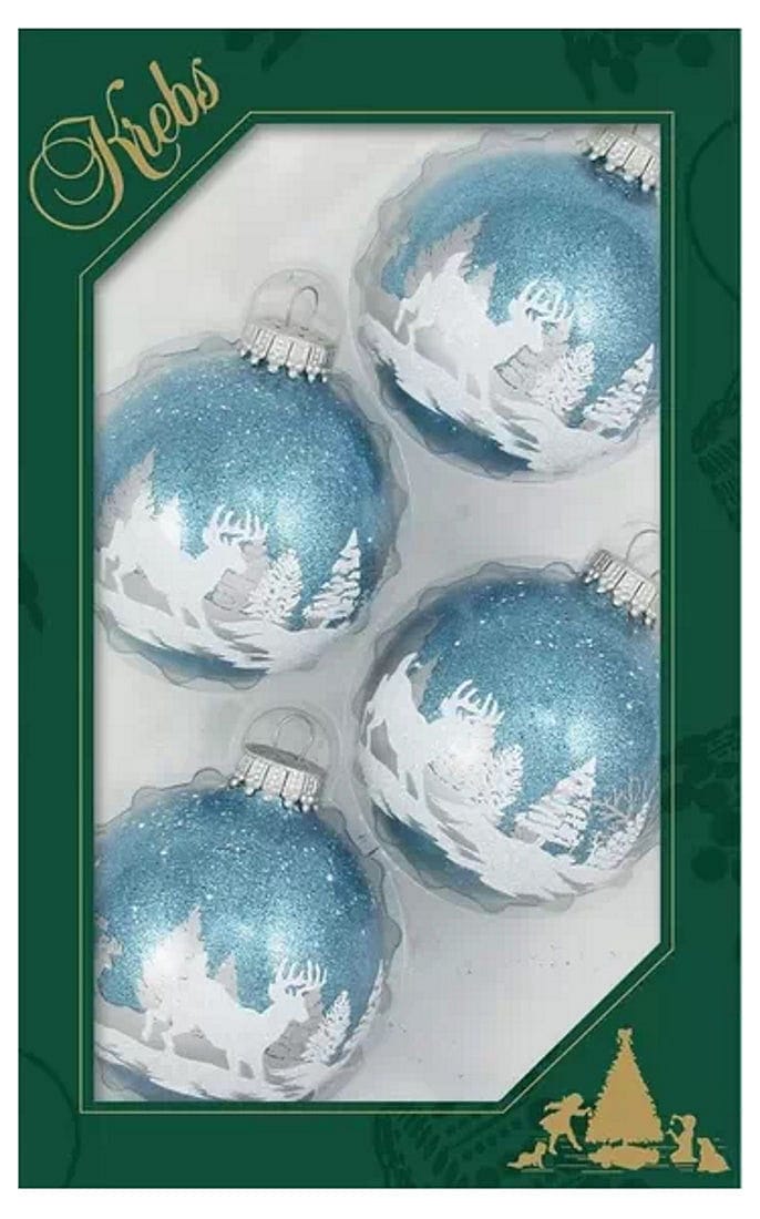 Light Blue Sparkle Glass Balls - Silver Caps -  Winter Deer - Shelburne Country Store