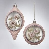 Kurt Adler Glass Ornament With A Glass Floral Inset In Pink (Teardrop Shape) - Shelburne Country Store