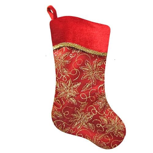 20 Inch Deep Red with Gold Poinsettia Accent Holiday Stocking - Shelburne Country Store