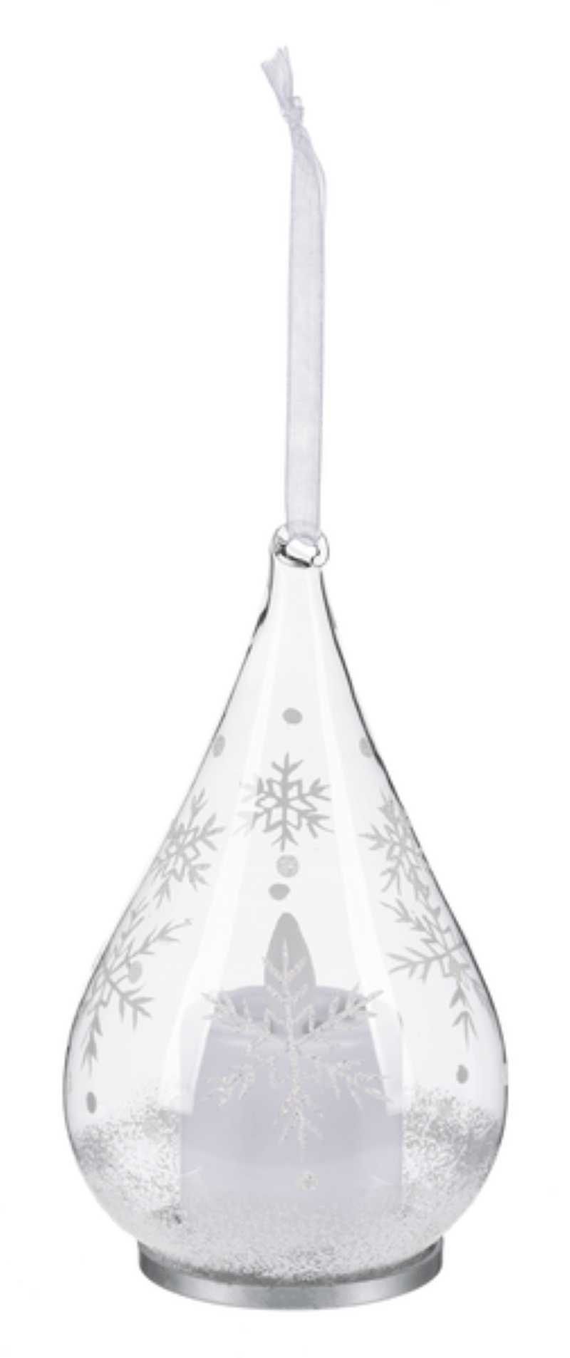 Glass Teardrop Ornament with Flickering Flame LED -  Snowflakes - Shelburne Country Store