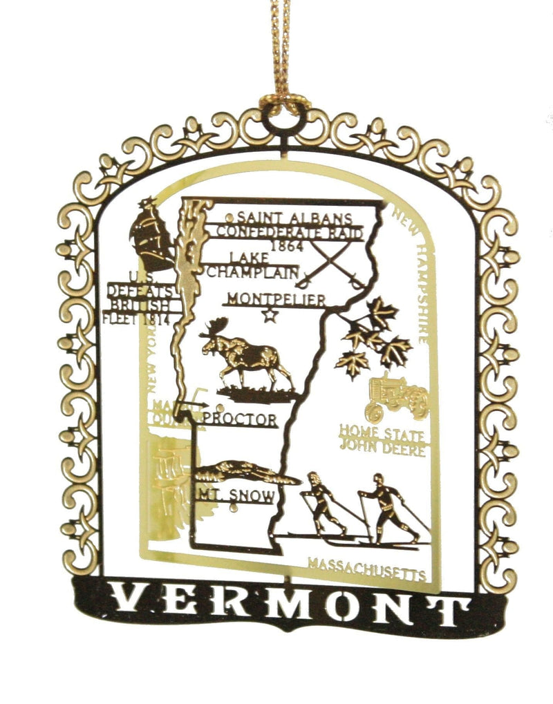 Solid Brass Ornament - Vermont Map and Landmarks - Shelburne Country Store