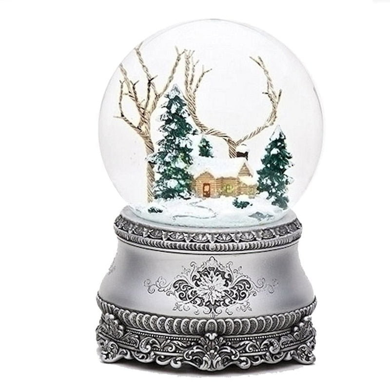 Cottage with Tree Glitter Silver Base 100mm Dome - Shelburne Country Store