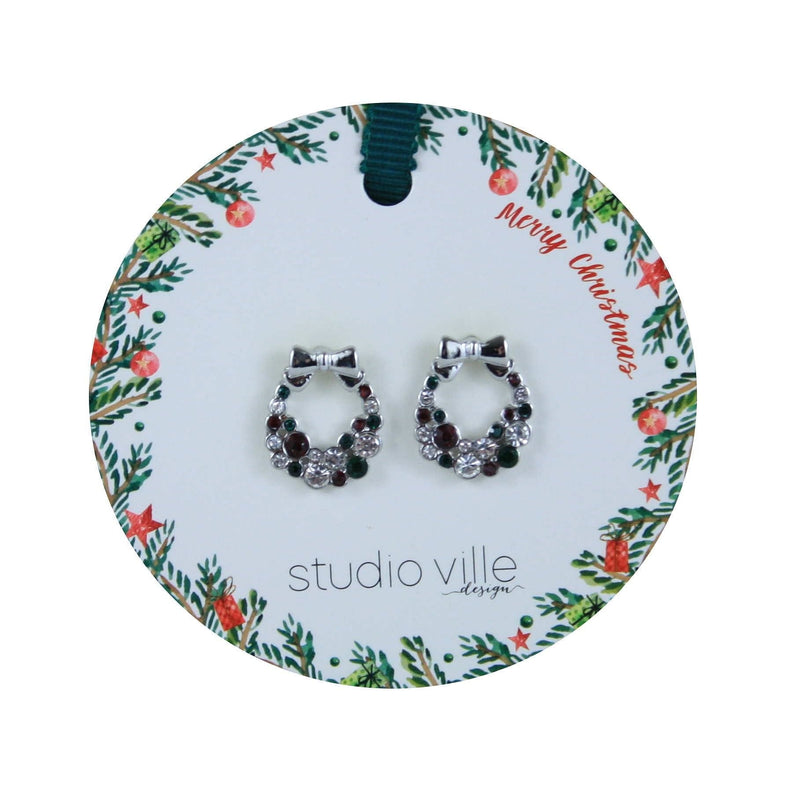 Christmas Crystal Earrings - Silver Wreath - Shelburne Country Store