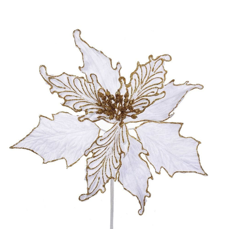 White and Gold Velvet Poinsettia With Leaves Pick - Shelburne Country Store