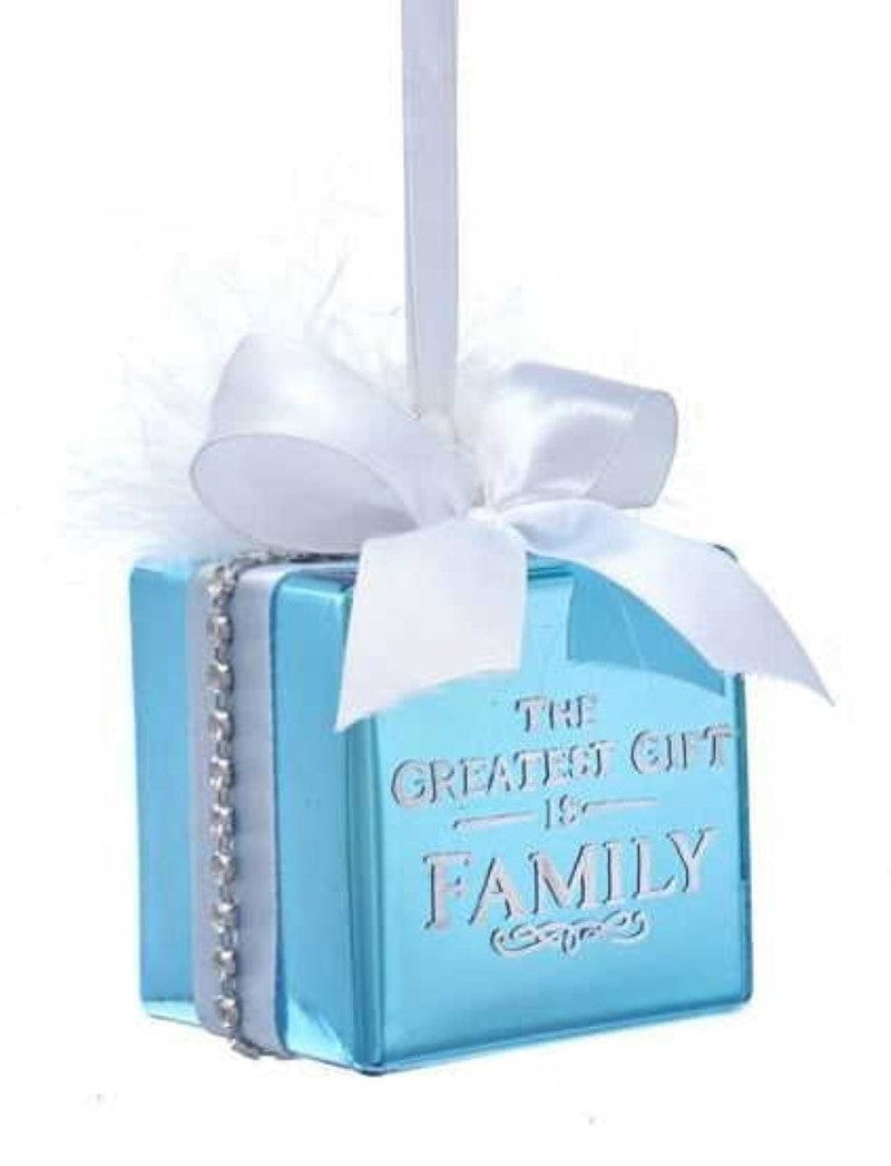 Glass Blue Gift Box With Sentiment Ornament -  Love - The Country Christmas Loft