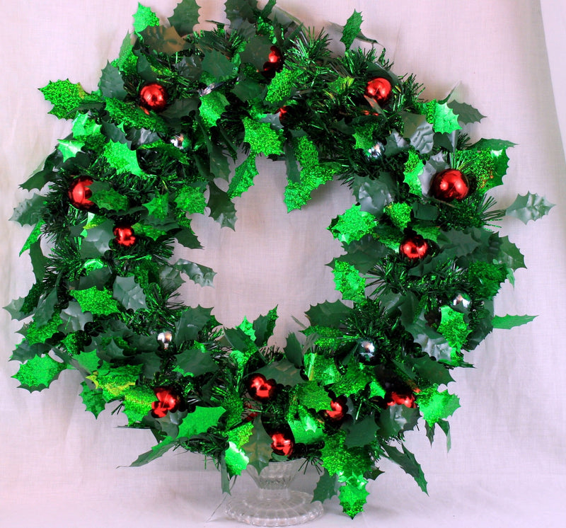 Large Tinsel Wreath with Holly and Berries - Shelburne Country Store