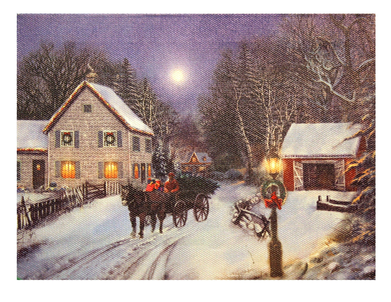 7.8" Lighted Canvas Print - Bringing Home The Tree Horse Drawn Carriage - Shelburne Country Store