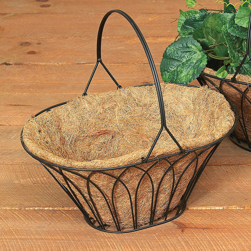 15-Inch Long Oval Black Metal Wire Handle Basket with Coco Mat Liner - Shelburne Country Store
