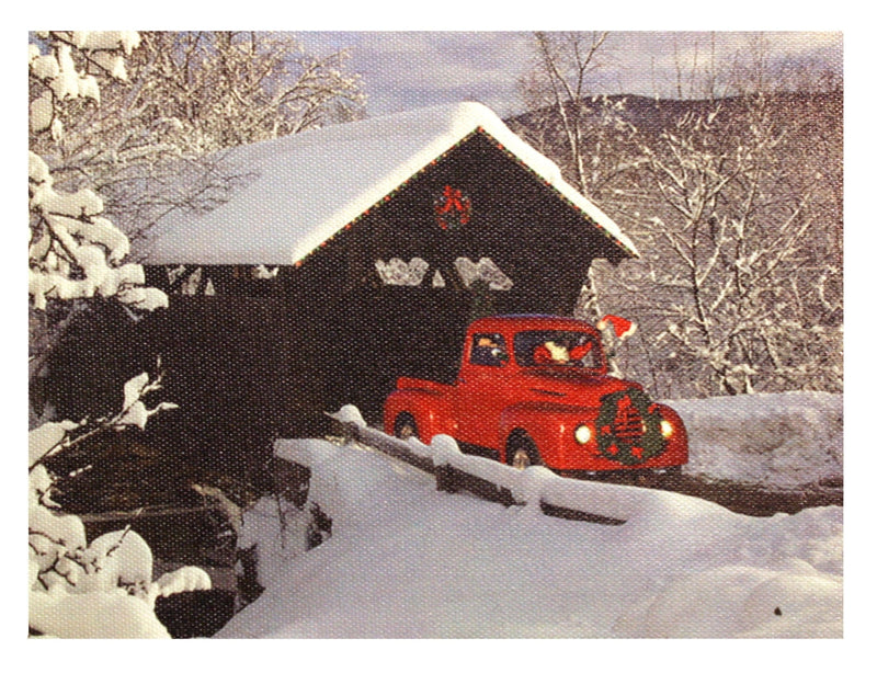 7.8" Lighted Canvas Print - Santa In Red Truck Going Under Covered Bridge - Shelburne Country Store
