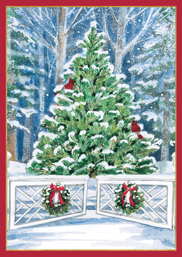 Snowy Tree And Gate - Christmas Card Box B Size Box of 16 - Shelburne Country Store