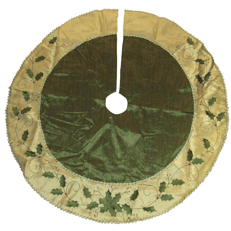 Green and Gold With Holly Leaves Embroidered Tree Skirt - Shelburne Country Store