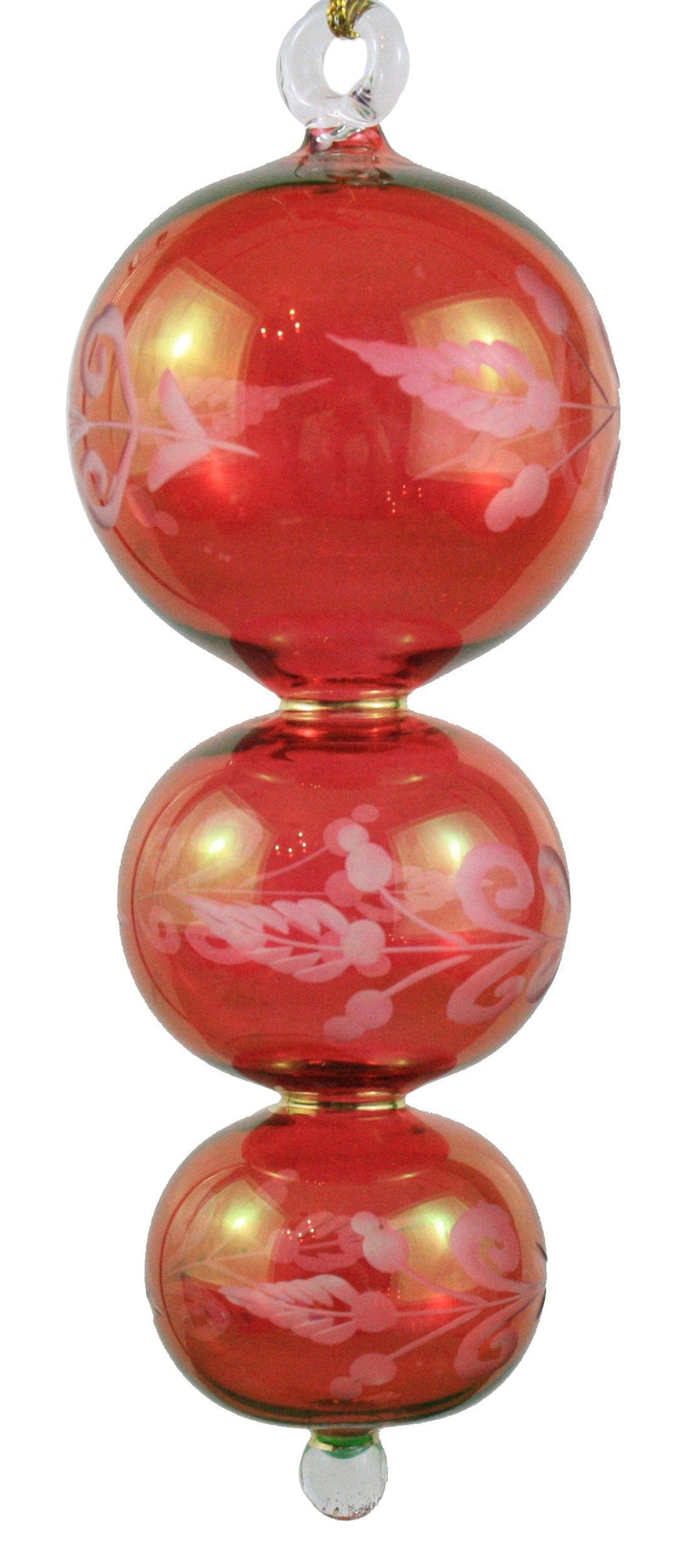 Mid Size Crystal 3 Section Ball with Gold Etching Ornament -  Red - Shelburne Country Store