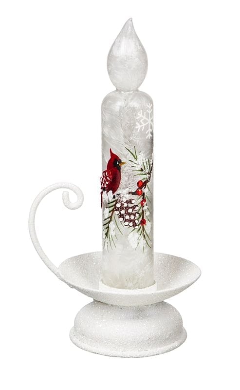 Glass Handpainted LED Cardinal and Pinecones Candle Stick - Shelburne Country Store