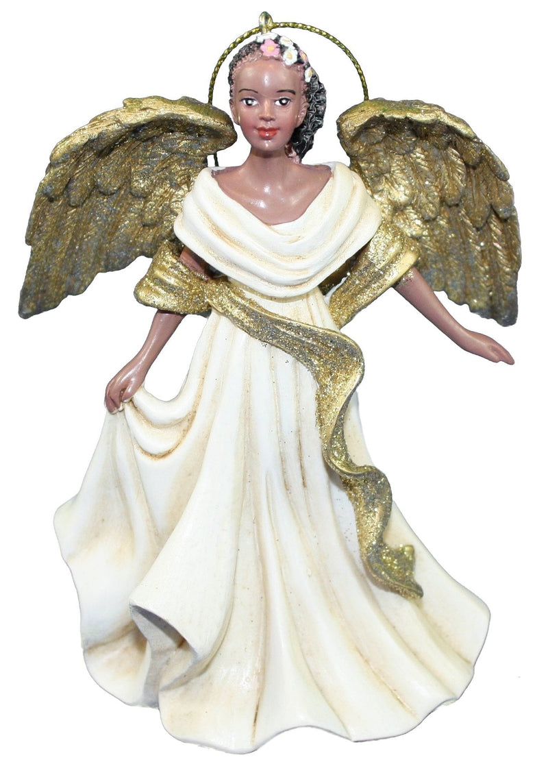 Ivory And Gold African American Angel Ornament - Hand Holding Skirt - Shelburne Country Store